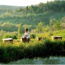 A person in white sits on a wooden bench in a grassy clearing surrounded by wildflowers and other benches, reading, with hills and trees in the background.