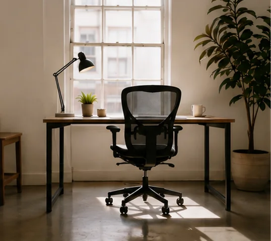 A modern office desk with a mesh chair, lamp, potted plants, and a mug sits in front of a sunlit window—an inviting setting designed to inspire personal growth. A tall plant flourishes in the corner as sunlight casts motivating shadows on the floor, creating an environment perfect for personal development and focused work.
