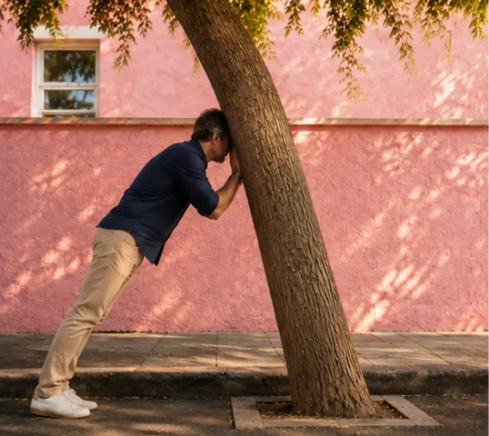 A person in a blue shirt and beige pants leans at an angle, pushing against a slanted tree on a sunny sidewalk, with a pink wall and a small window in the background—evoking the steady determination often nurtured through personal growth coaching.