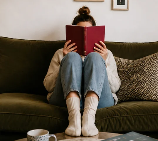 A person sits on a green couch with legs up, wearing jeans and socks, reading a red book—taking time for personal growth coaching. A patterned pillow and a mug on a table are also visible.