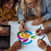 Four people collaborate around a table, drawing a colorful abstract logo on a large sheet of paper.