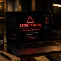 A laptop screen in Artscape – Virtual Art Escape Game displays a red security alert warning of unauthorized access and a high threat level.