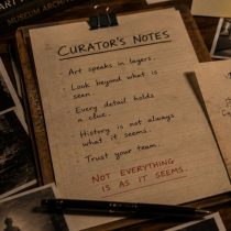 A clipboard with a handwritten list titled Curators Notes, featuring clues for the Artscape – Virtual Art Escape Game, resting on a desk with a pen and old photographs.